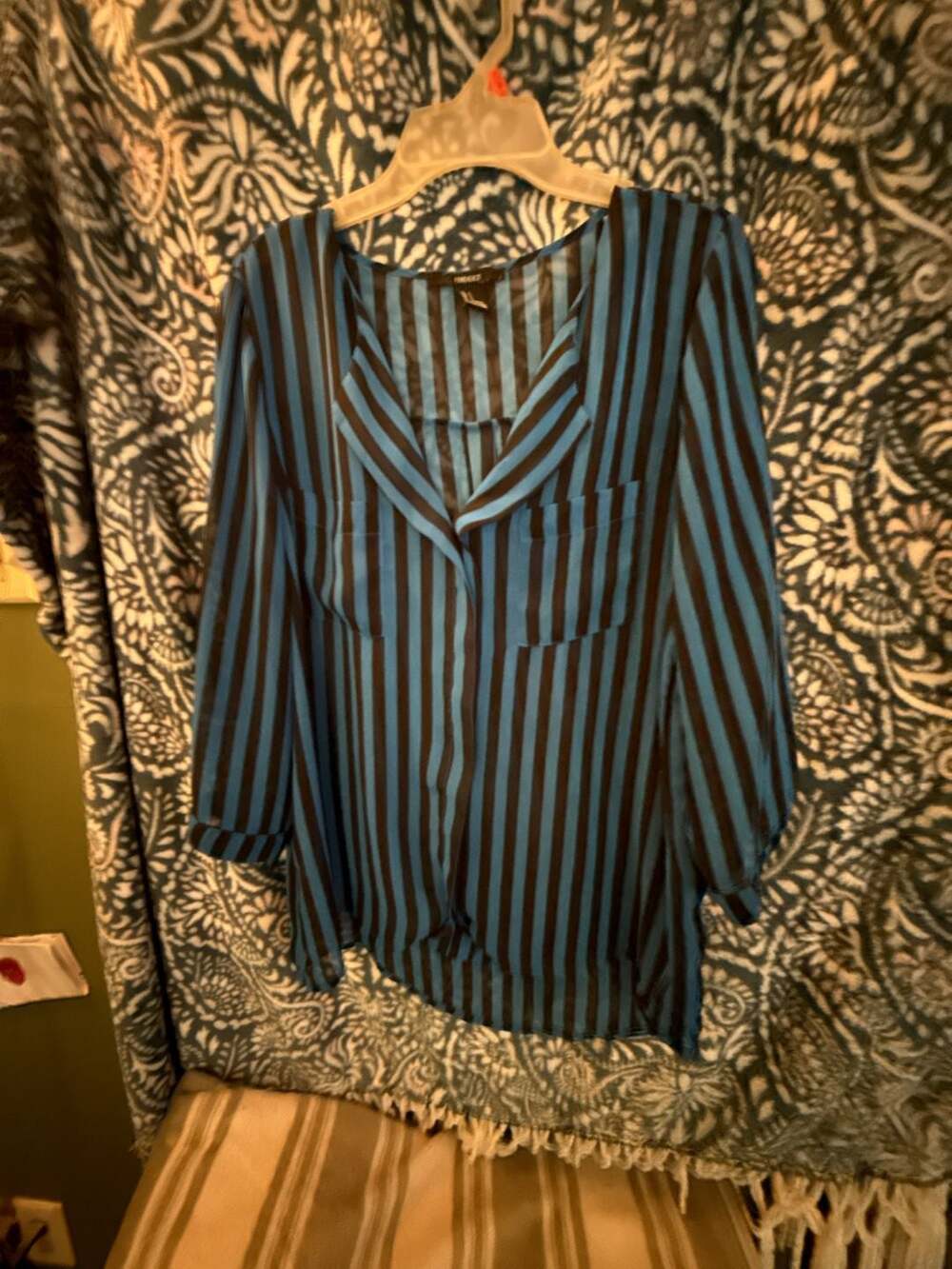 Forever 21 Blue and Black Striped Button-Down Blouse Size S